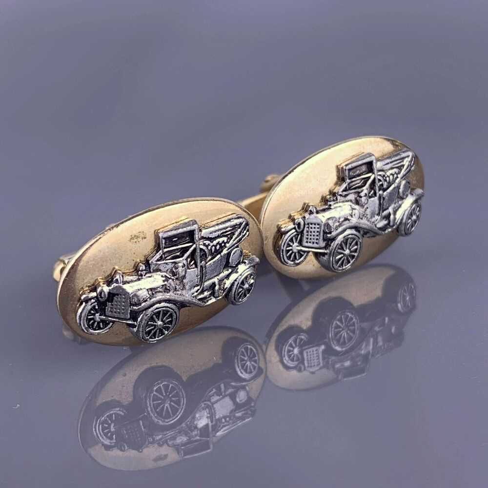 Antique Car Buggy Cufflinks Gold Silver Tone Convertible Oval Anson Vintage
